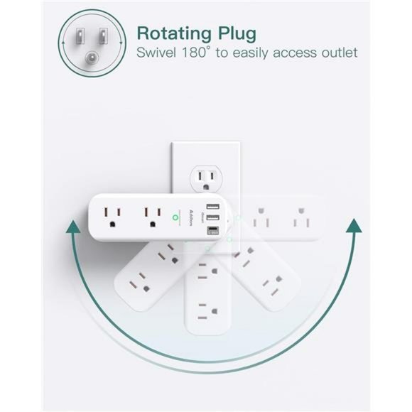 Surge Protector - Outlet Extender w/ Rotating & Multi Plug with 6 AC 3 USB Ports - Picture 2 of 7